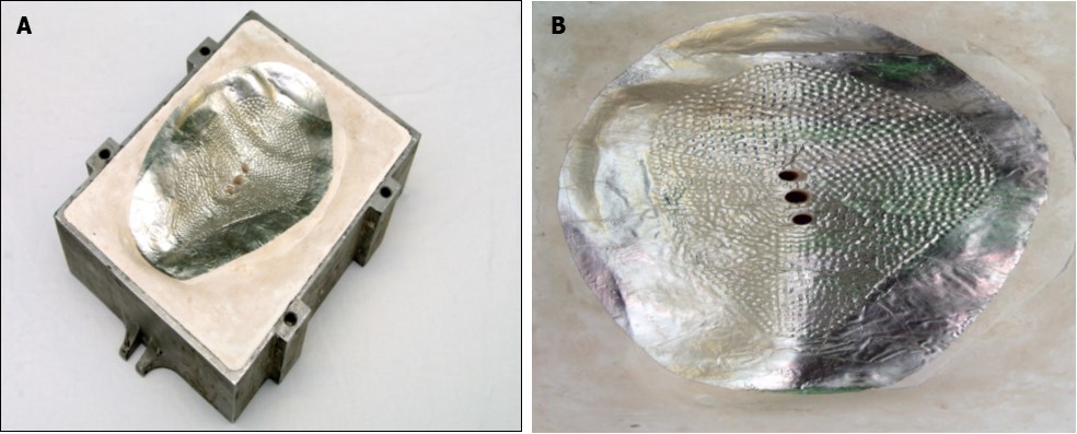 a) and b) Mould created in the plaster flask, using the lost wax technique. Holes are present in the surface to roughen the implant and help prevent capsulation.