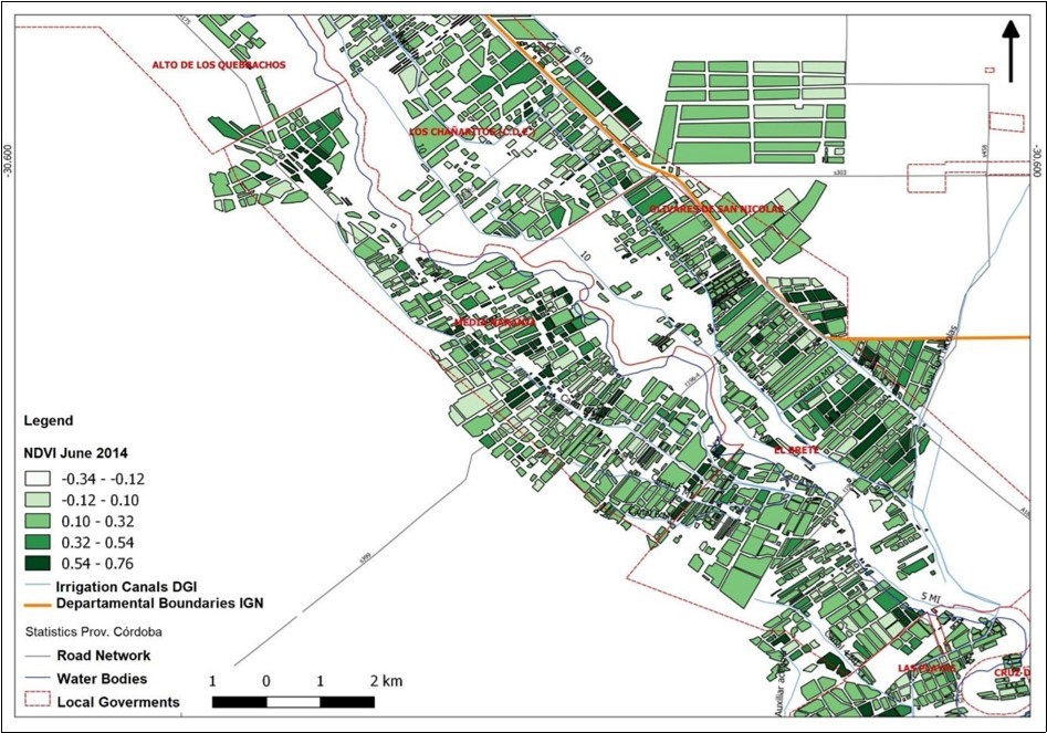 Zoom in to the Agricultural Parcels Map, showing average behavior of the NDVI June 2014 (Landsat 8_OLI).