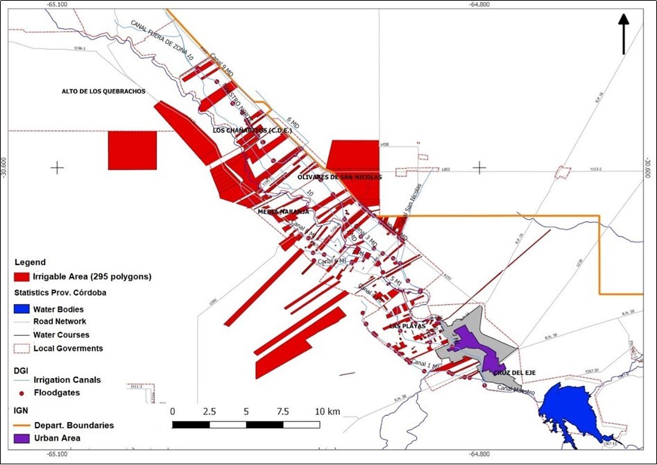 Irrigable area on the Cruz del Eje System.