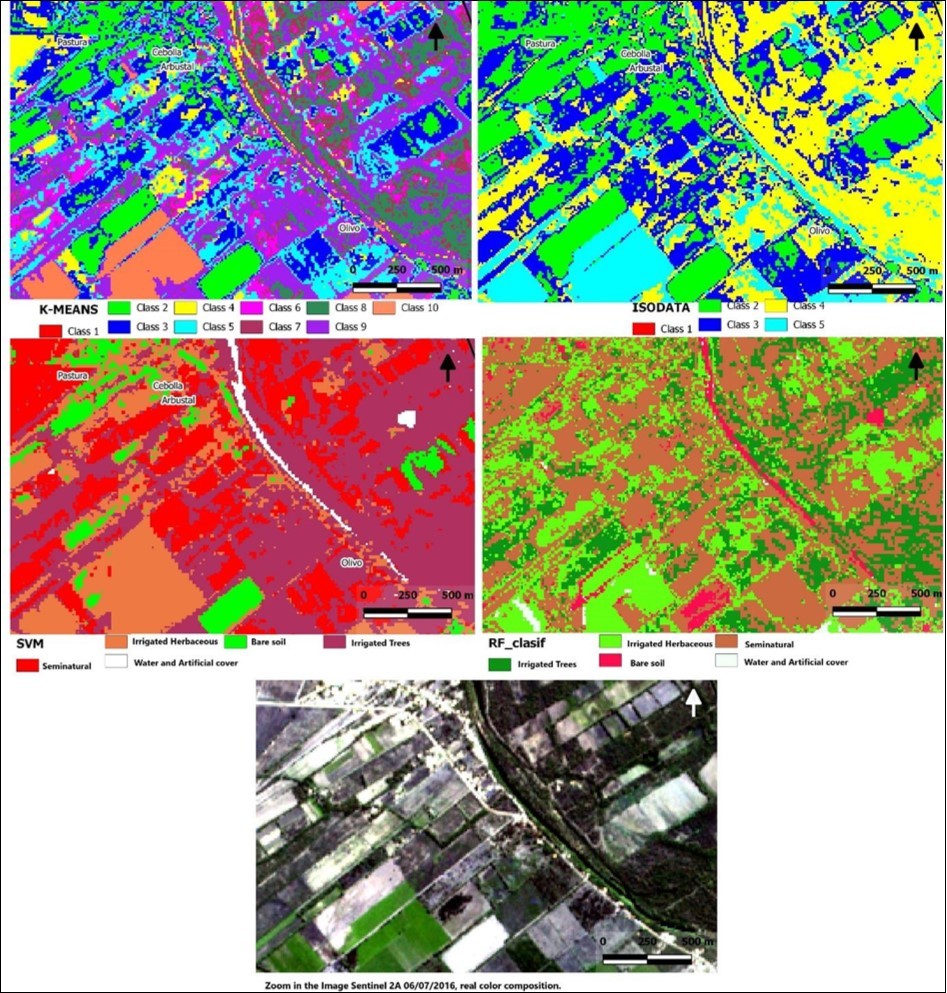 Zoom in images resulting from classification (K-Means, ISODATA, SVM and RF) and image in real color composition.