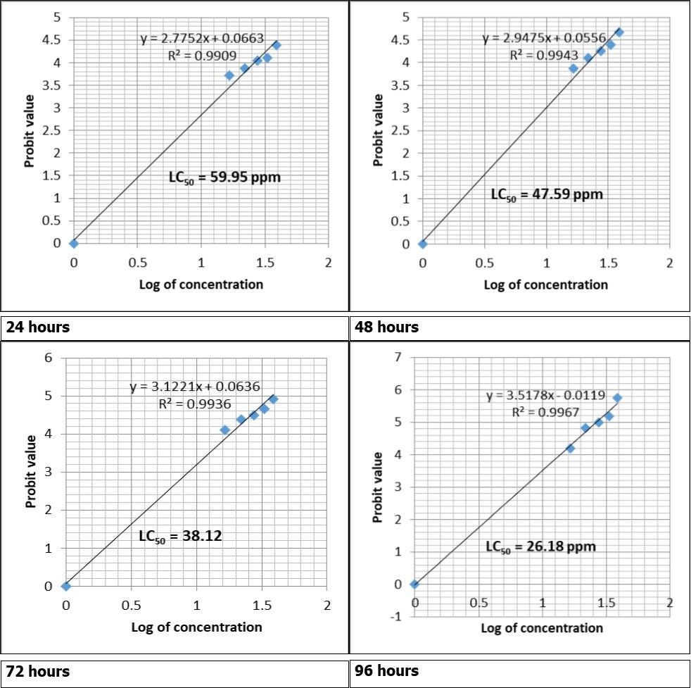 LC50 value of the paraquat dichloride exposed to fingerlings of Clarias gariepinus for different time intervals