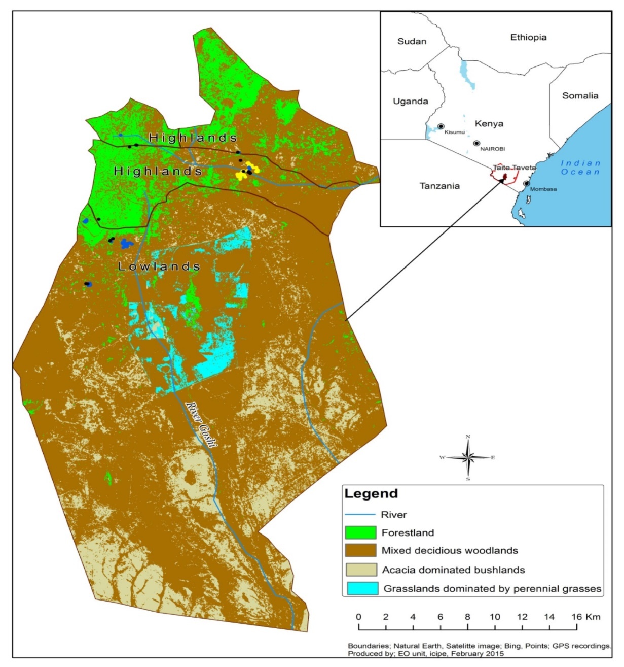 Map of Taita hills forests and surrounding area showing the data collection sites.