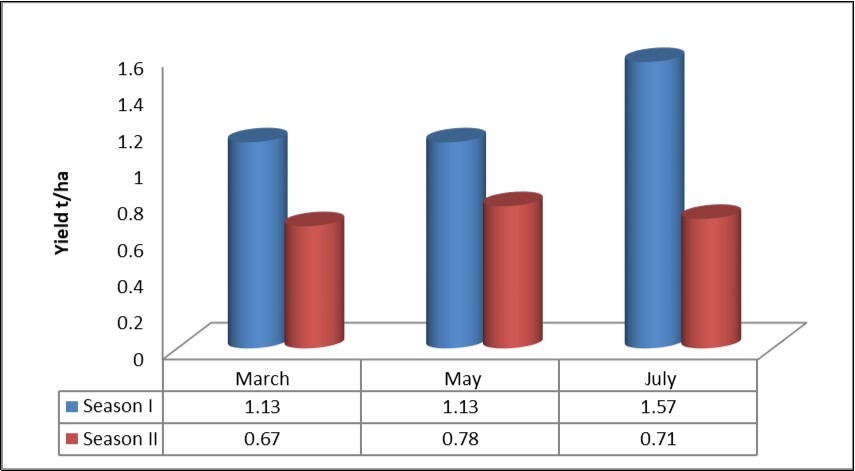 Effect of sowing date on yield ton/ha (2014/2015 and 2015/2016).