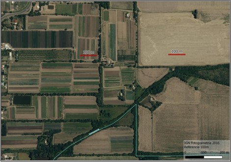 The scale and diversity of crops, of the fields in the area of urban- rural interface in the periurban of Co´rdoba. Reference 100m (image source: Photogrammetry, IGN, 2016)