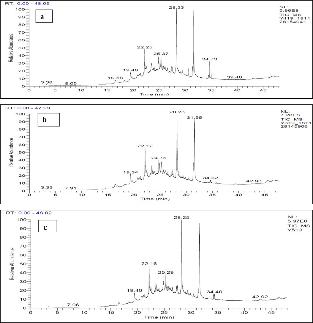 GC-MS chromatograms of leaves (a), stem strips (b), and root strips (c) crude methanol extract.