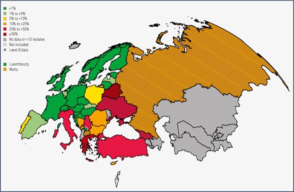 Carbapenem-resistant K.pneumoniae in the European Region (EARS-Net and CAESAR) , 2017