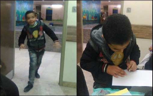 The boy was walking with difficulty and he was cooperative. and was glad asked to write something