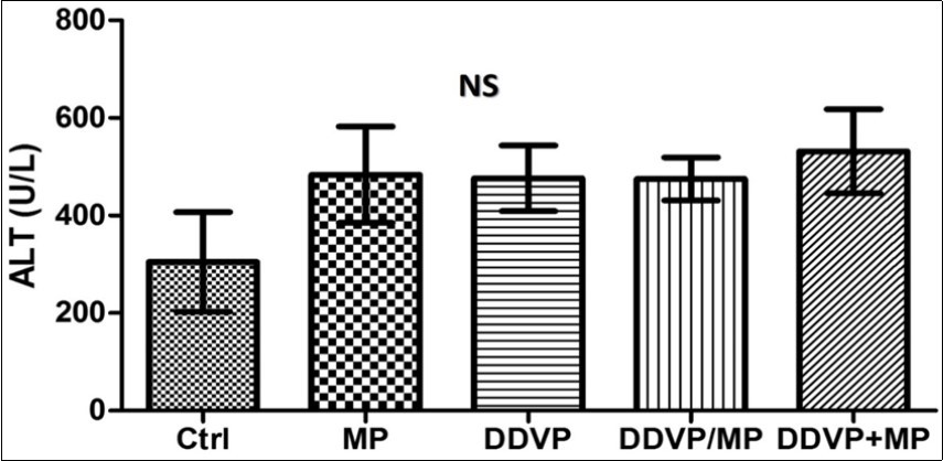 shows no significant effect on the liver of the administered groups when compared with the control in ALT activity (P>0.05)