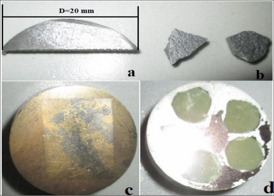 Sintered samples in the die diameter of 20 mm of BT and BTNC before and after gold metallization for microscopic observations. a- BT before metallization, b-BTNC before metallization, c-BT after etching and gold metallization, d- BTNC after etching and gold metallization.