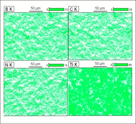 Microstructural representation and EDS maps of BTNC sample analysis displays elemental analyses of the various regions of the sintered samples. Secondary electron image, atomic concentration cartographies of B, Ti, N and C of polished and etched surface for the sintered samples
