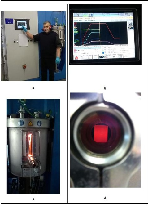 SINTER-LAB, FCT–HP D 25, SPS-1050, ENSICAEN. (a)-The author, (b)-Variation of the displacement, the displacement rate and the temperature in dependence of the heating time, (c, d)- The plasma produced by the current in the SPS chamber.