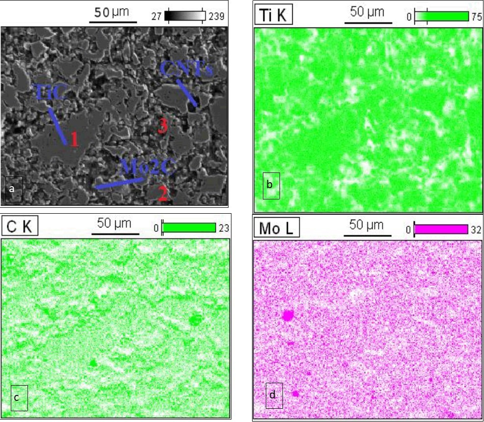 Microstructural representation and EDS maps of MTC analysis displays elemental analyses of the various regions of the sintered samples. Secondary electron image, atomic concentration cartographies of Mo, Ti, and C of MTC polished and etched surface for the sintered samples using a 20-mm diameter die. (a)- Overview of the nanocomposite, (b)- Cartographies of Ti, (c)- Cartographiesof C, (d)- Cartographies of Mo