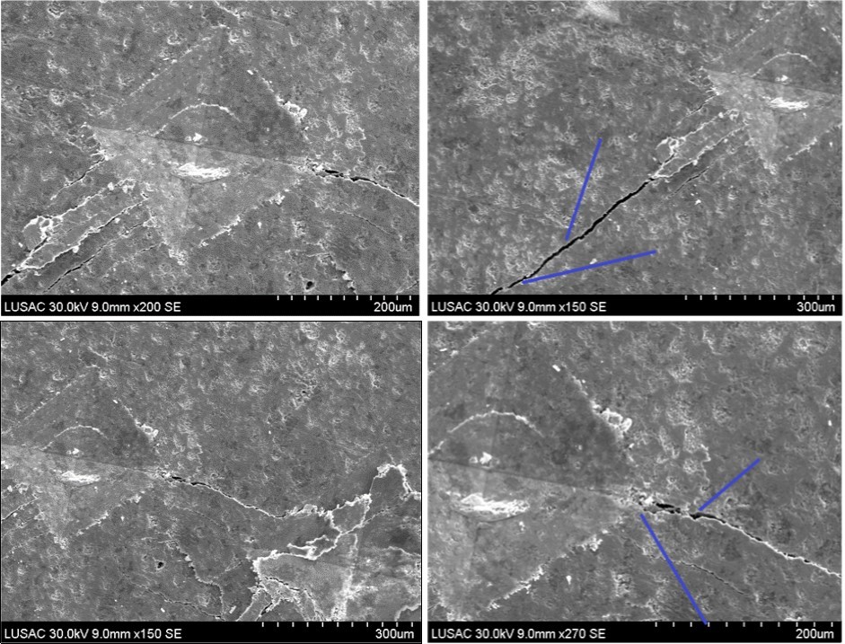 SEM, BSE micrograph of cracks at the corners of Vickers indents: of etched MTC showing a purely transgranular crack growth; and revealing an intergranular crack with deflection and crack bridging: (a)-Transgranular crack, (b)- Intergranular crack, (c)- Crack deflection, d- Crack bridging