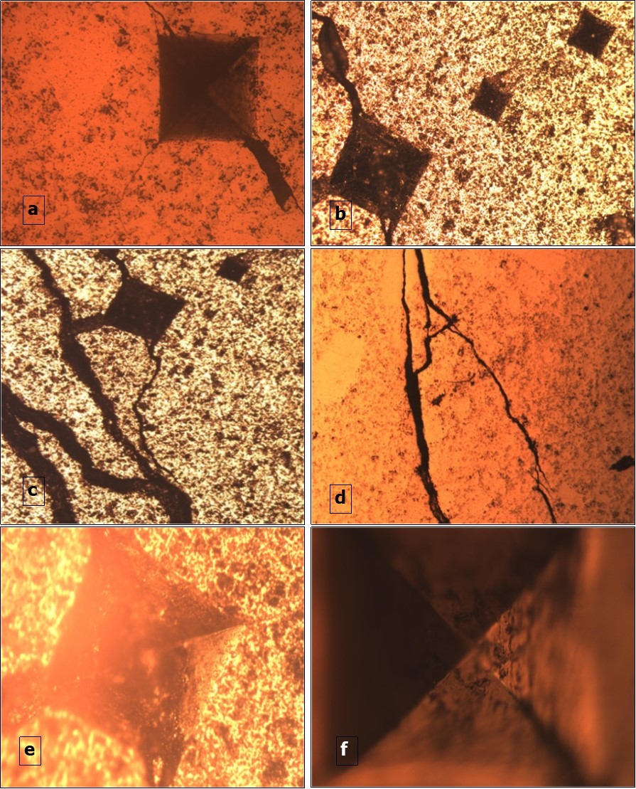 Optical micrograph of crack patterns used for IFT calculations of (a, b)-MTC tested at 300 N, (c)-MTC tested at 500 N. Micrographs of cracks at the corners of Vickers indentation: (d)-Etched MTC showing a purely transgranular crack growth and (e, f)-High magnification of indentation label.