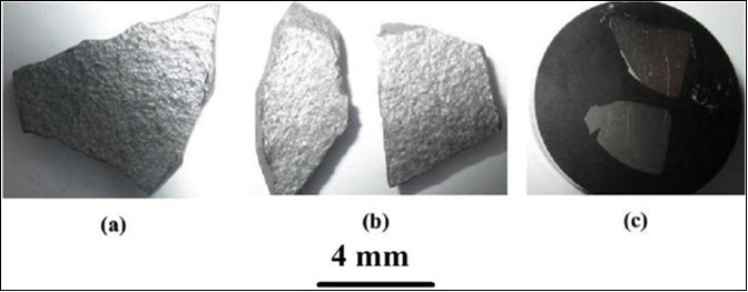 Images of sintered MTC: (a, b) coarse grinding; (c) fine polishing.