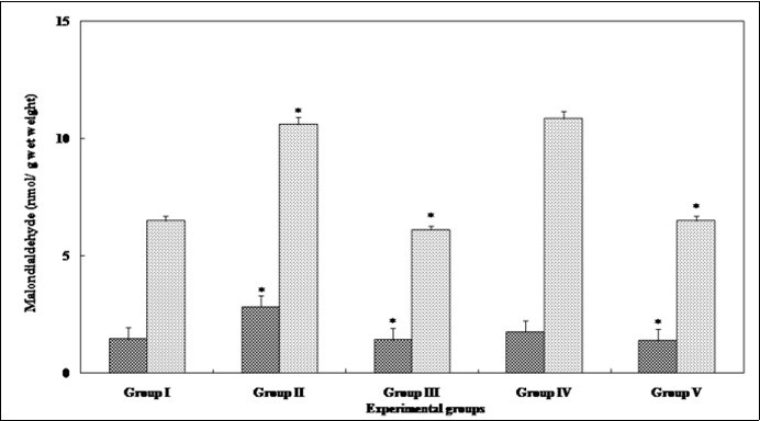 Malondialdehyde level in serum (dark shaded bars) and eye lens (light shaded bars) from different experimental group animals. Each value represents mean ± SD of 4 determinations using samples from different preparations. The difference in MDA levels observed between groups I & II and groups II & III-V animals were statistically significant at * p < 0.05.