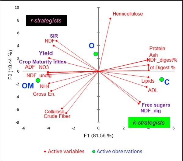 Principal Component analysis: plots of 19 active litterbag constituents and factor scores.