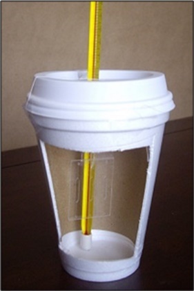 Styrofoam cup containing the LT microfluidic device and a thermometer