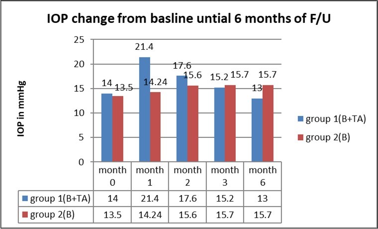 Transient increase and then return to baseline of mean intraocular pressure over 6 months in group 1.