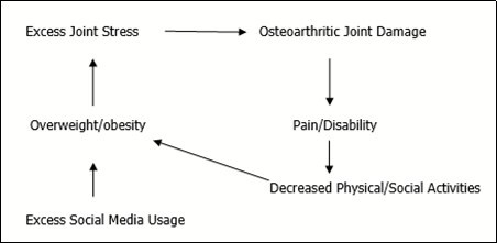 Hypothetical interaction of obesity and osteoarthritis, wherein those with an early obesity onset are likely to have higher risk for acquiring osteoarthritis at any age, especially higher ages
