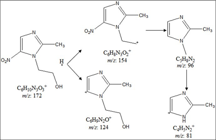 Proposed fragmentation pattern of metronidazole.