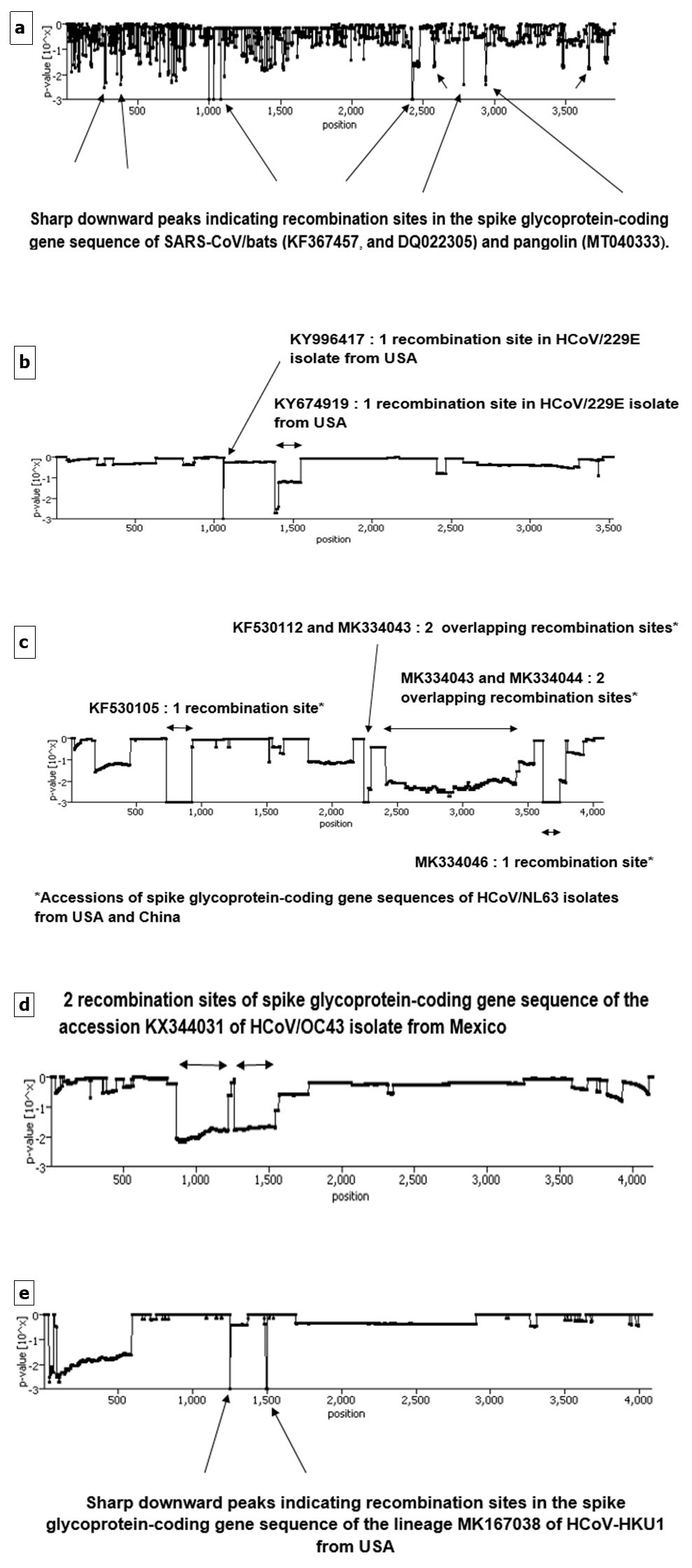Graphs displaying potential recombination breakpoints illustrated by downward peaks in aligned sequences of spike glycoprotein-coding gene of coronaviruses lineages belonging to a) cluster I (subgroup III) (SARS-CoV/bats and pangolin), b) cluster III (subgroup I) (HCoV/229E), c) cluster III (subgroup II) (HCoV/NL63), d) cluster IV (subgroup I) (HCoV/OC43) and e) cluster IV (subgroup II) (HCoV/HKU1) determined by RECCO algorithm.