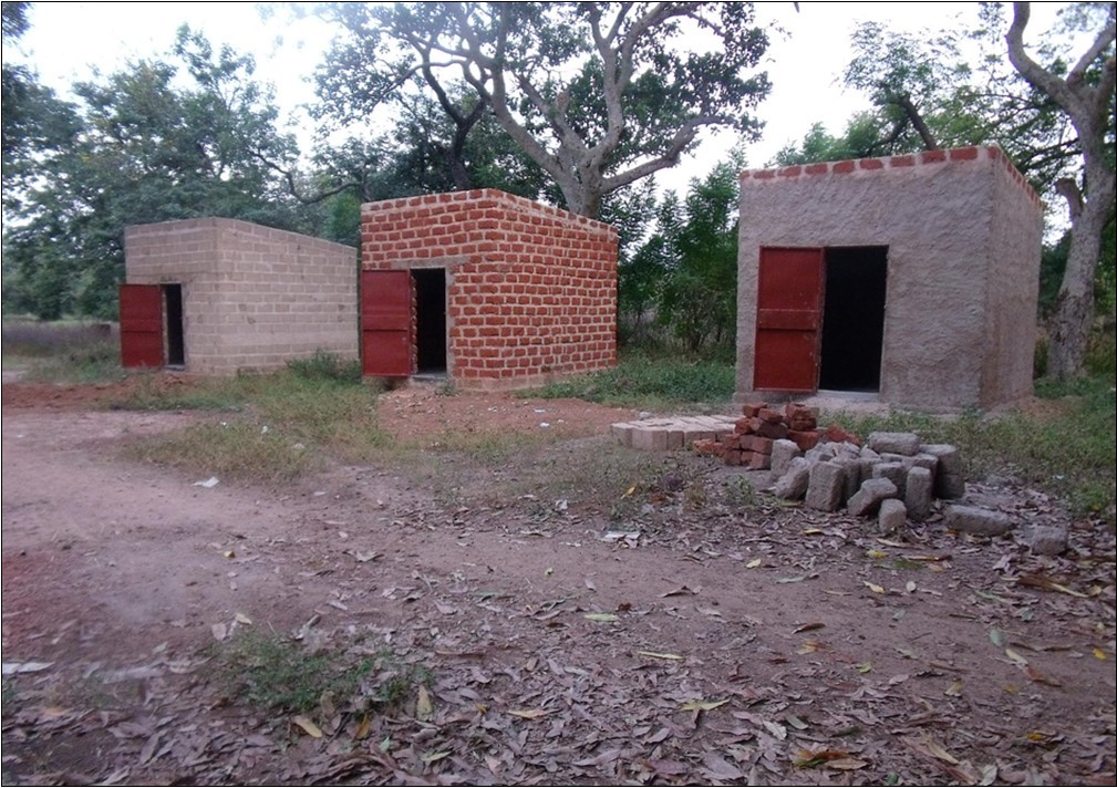 The concrete stone house, the red-stone house and the mud-house dimension 2.5 x 3 m in ground area.