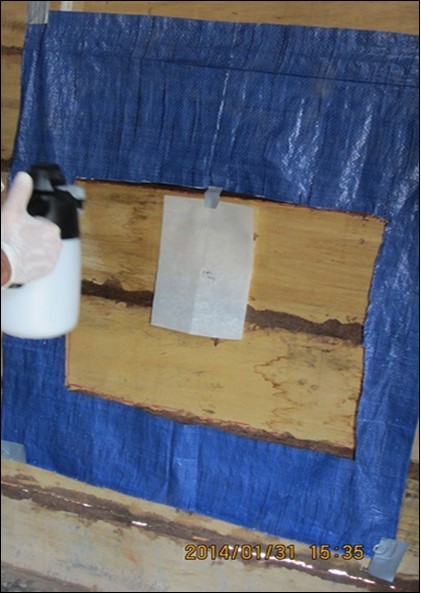 Applying insecticide wit a flat fan, small volume sprayer on the wall field limited by a holled tarpaulin frame and with a Whatman paper attached at the middle of the spray field for collecting spray data.