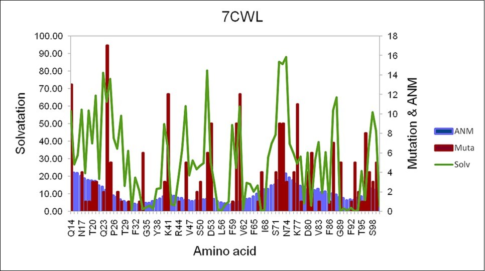 Selected region of the 7CWL sequence between Q14 until S98 of the S protein. The degree of exposure to the solvent is depicted in green color, the fluctuation due to the square displacement is depicted in light blue, and the number of mutations in red color.