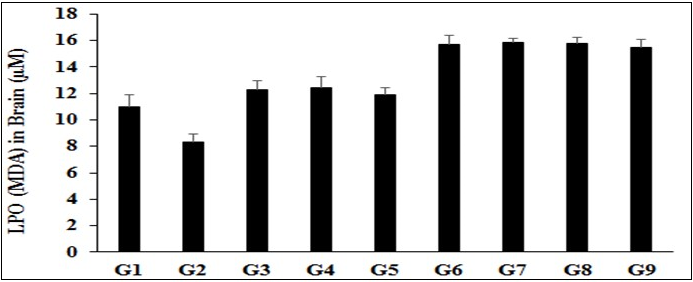 Expression of the level of brain lipid peroxidation (LPO) after administration of Biofield Treated test formulation and Biofield Energy Healing/Blessing per se to Sprague Dawley rats.