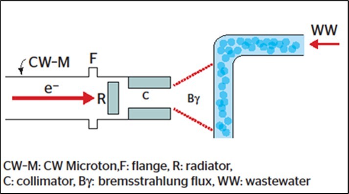 Water treatment facility. Graphic representation of our proposed water irradiation facility, using electron beams delivered by a 5 MeV-booster from the Continuous Weave (CW) racetrack Microtron at our laboratory 33, similar to a large-scale water/wastewater treatment facility (details in 3031).