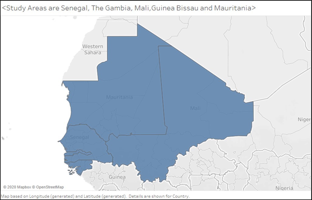 The study area: Gambia (GMB, 10 380 km2), Guinea-Bissau (GNB, 36125 km2), Mali (MLI, 1 240 192 km2), Mauritania (MRT, 1 030 700 km2) and Senegal ( SEN, 196 723 km2).