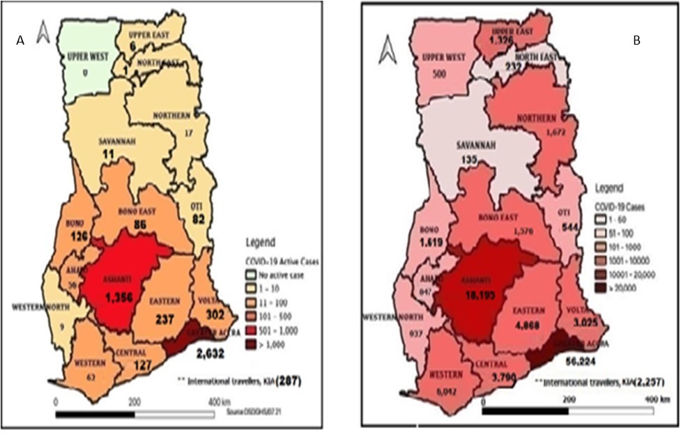 Regional distribution of Covid-19 active cases in Ghana, 27 July, 2020. b. Regional distribution of Covid-19 total cases in Ghana by 27 July, 2021