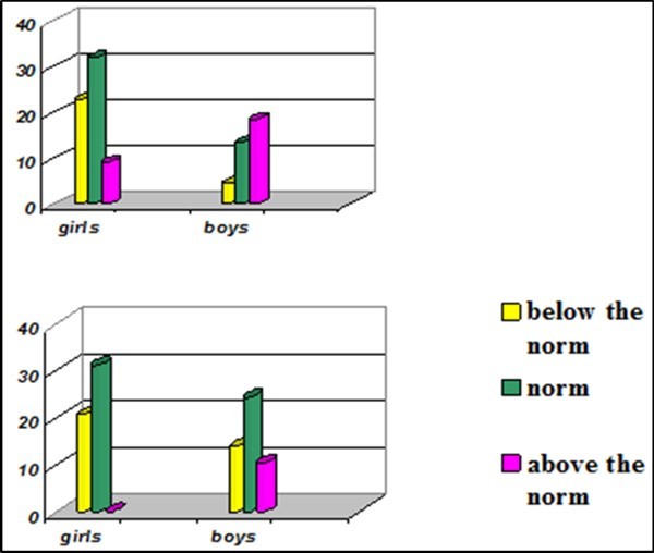 Stress index: 9th grade (upper histograms), 11th grade (lower histograms): the left columns are the girls; the right ones are the boys.