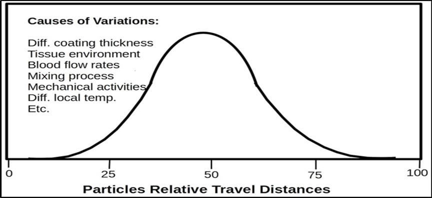 The mRNA particles have different protective coatings and some of them can travel longer distances while others travel short distances. They can survive for different times in blood. The variations in traveling distance or survival time are also caused by variations in blood circulation, tissue structure, tissue mechanical features, chemical environment, temperature, etc.