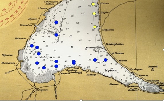 (Drawn by me) The sounds made by haddock during spawning at Balsfjord, north of the Arctic Circle near Tromso in northern Norway. The males made repeated knocks on the seabed, and were located using a hydrophone hanging beneath a ship. Their presence is shown in the blue areas.