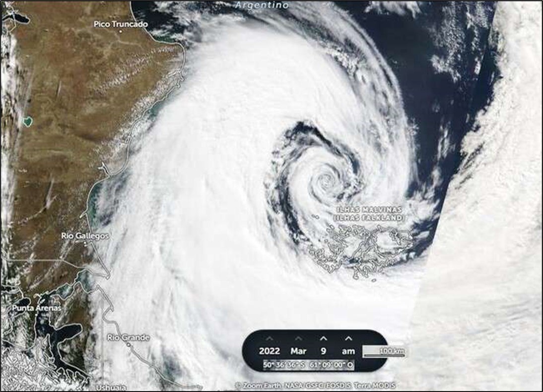 Satellite image of Powerful extratropical cyclone over the Falkland Islands in this Wednesday, March 9, 2022 am. Source: 28, 29.