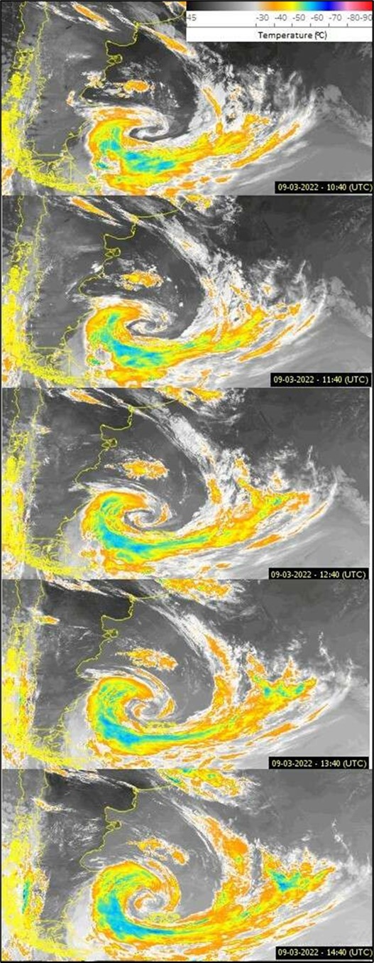 Enhanced satellite images (Adapted) taken from the REDEMET website for cloud temperature data between March 09, 2022 10:40 UTC to 14:40 UTC. 31