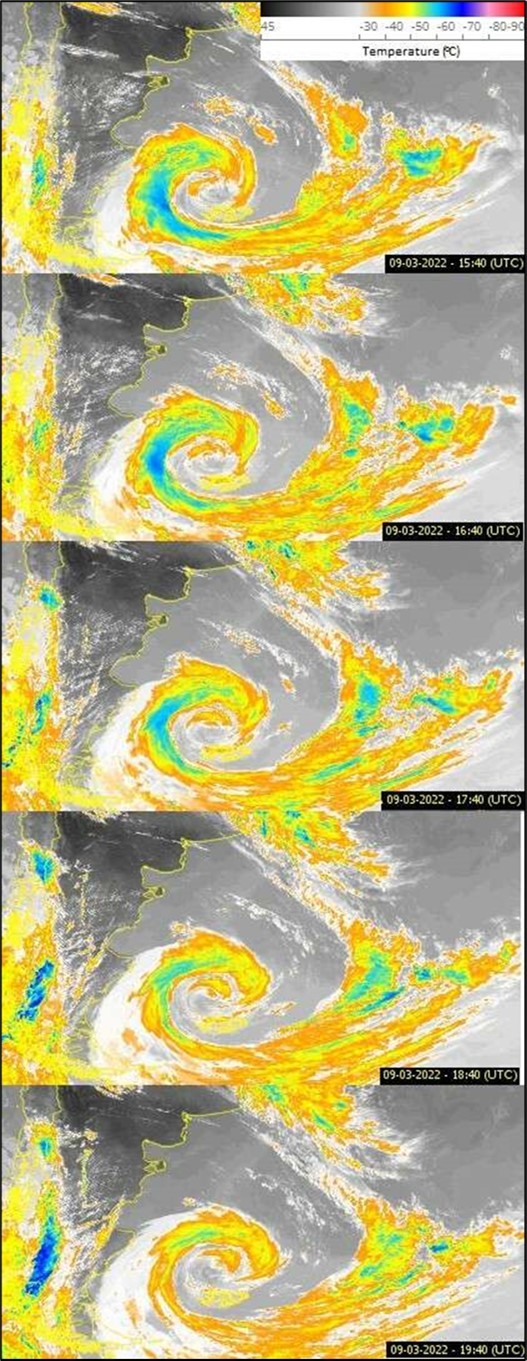 Enhanced satellite images (Adapted) taken from the REDEMET website for cloud temperature data between March 09, 2022 15:40 UTC to 19:40 UTC. 31