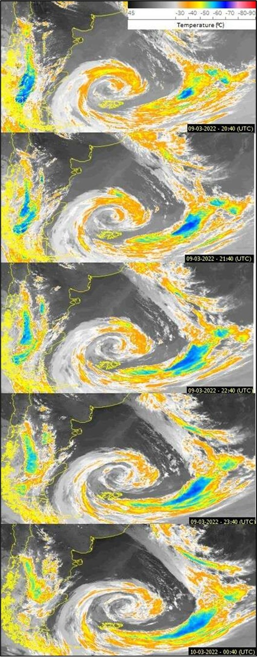 Enhanced satellite images (Adapted) taken from the REDEMET website for cloud temperature data between March 09, 2022 20:40 UTC to March 10, 2022 00:40 UTC. 31