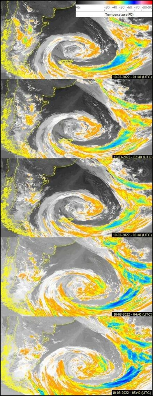 Enhanced satellite images (Adapted) taken from the REDEMET website for cloud temperature data between March 10, 2022 01:40 UTC to March 10, 2022 05:40 UTC. 31
