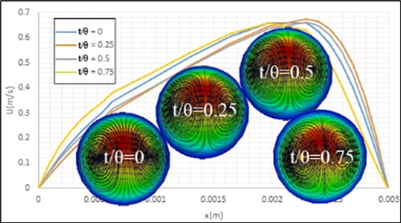 Effects of heart beating on the contours and profiles of axial velocity of blood flow and streamlines of formed secondary flows at the bifurcation cross section.