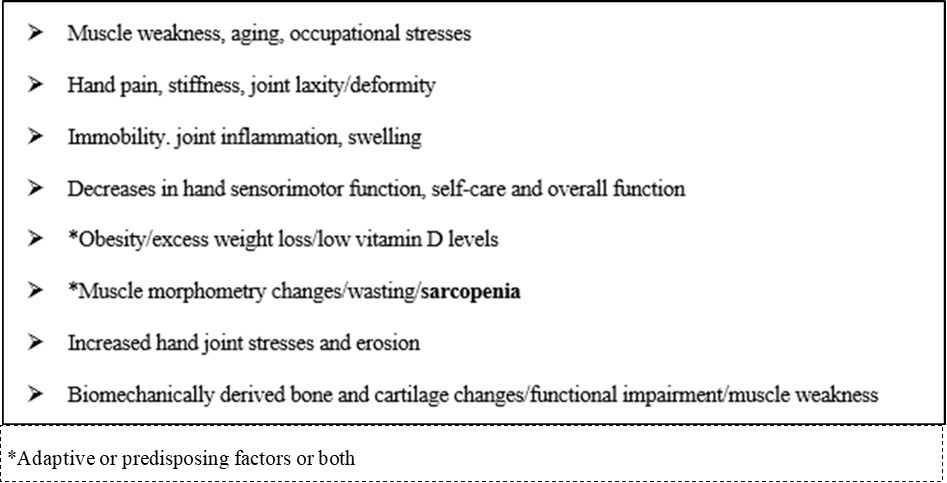 Possible Pathways Underpinning Hand Osteoarthritis Disability in the Older Adult (Adapted from: 32, 40, 57, 60, 61, 72-75)