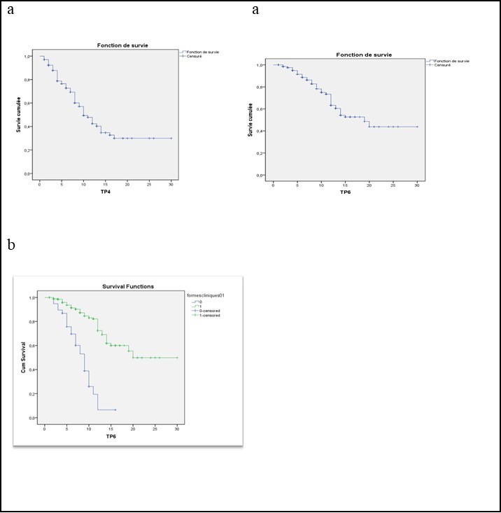 a) Kaplan–Meier estimates of the time from the onset of multiple sclerosis to the assignment of a score of 4 and 6 on the EDSS. b) Kaplan–Meier estimates of the time from the onset of multiple sclerosis to the assignment of a score of 6 on the EDSS according to the initial course