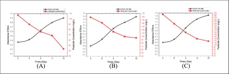 Graph of OD Value and Pesticide ConcentrationBacillus subtilis Note: A) Pesticide Concentration 100mg/L; B) Pesticide Concentration 200mg/L; C) Pesticide Concentration 300mg/L.