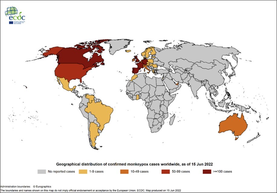 Geographical distribution of confirmed monkey pox cases worldwide, as of 15 Jun. 2022; source: 13.