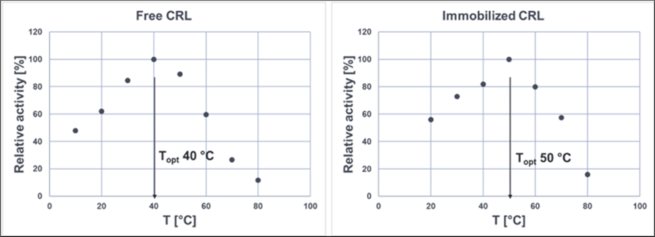 The immobilization of lipase from Candida rugosa (CRL) led to an increase of Topt by 10°C.