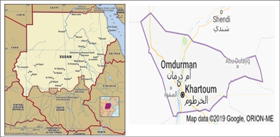 The location of Khartoum state on the map in Sudan Source: adapted from Google, ORION-ME (2019) and Government of Khartoum state (2016).