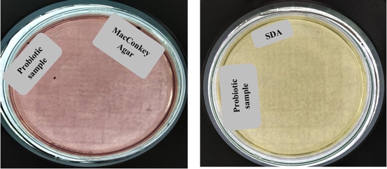 Probiotic supplements 1 in MacConkey (Mac) and Sabouraud Dextrose Agar (SDA) medium.