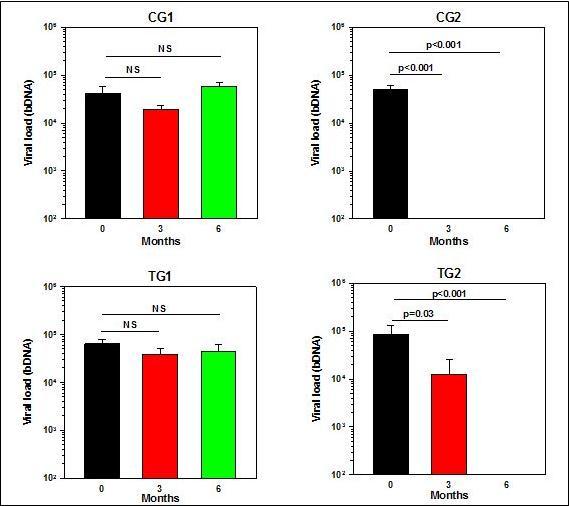 Viral loads at baseline and after 3 and 6 months after the commencement of the Trial.